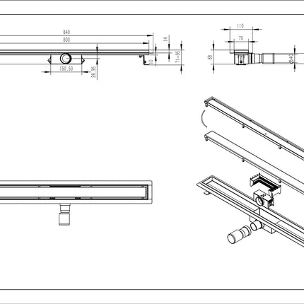 Wiesbaden douchegoot met flens en tegelrooster 80 x 7 cm mat zwart - technische tekening | Schwertz & Co