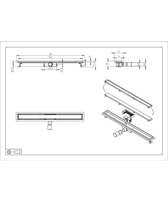 Wiesbaden douchegoot met flens en tegelrooster 80 x 7 cm mat zwart - technische tekening | Schwertz & Co