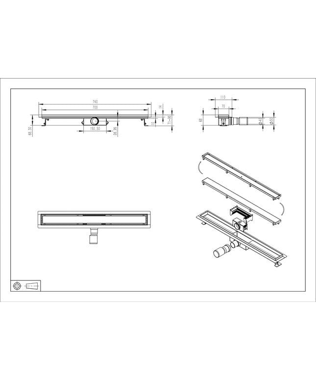 Wiesbaden douchegoot met tegelrooster 70 cm geborsteld messing - technische tekening | Schwertz & Co
