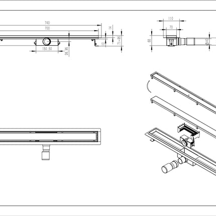 Wiesbaden douchegoot met tegelrooster 70 cm geborsteld brons koper - technische tekening | Schwertz & Co
