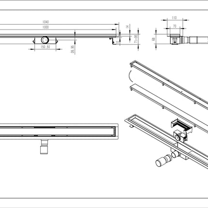Wiesbaden douchegoot met tegelrooster 100 cm geborsteld brons koper - technische tekening | Schwertz & Co