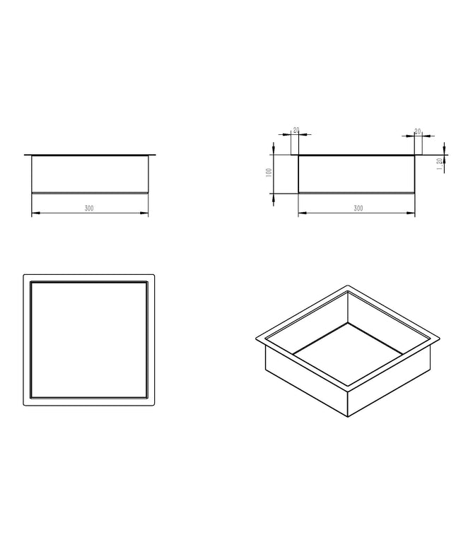 Wiesbaden Demis inbouwnis 30 x 30 x 10 cm gunmetal - technische tekening | Schwertz & Co