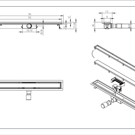 Wiesbaden douchegoot met flens en tegelrooster 70 x 7 cm RVS - technische tekening | Schwertz & Co