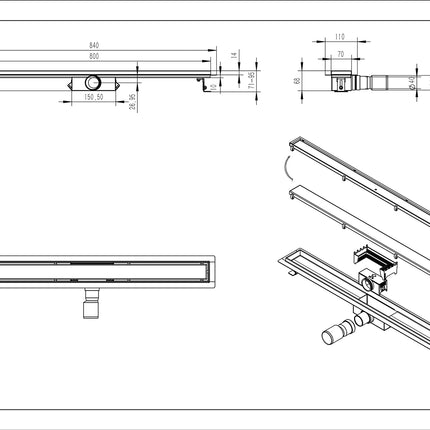Wiesbaden douchegoot met flens en tegelrooster 80 x 7 cm RVS - technische tekening | Schwertz & Co