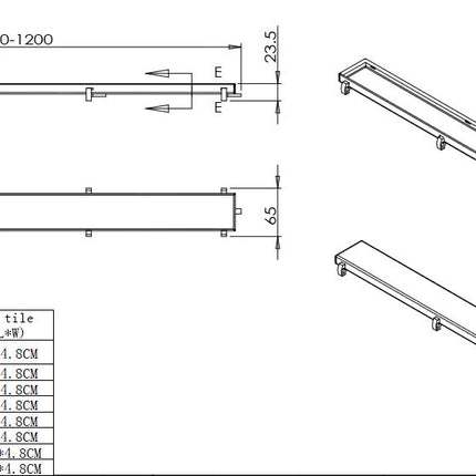Wiesbaden douchegoot met tegelrooster 90 cm RVS - technische tekening maatvoering | Schwertz & Co