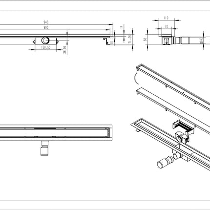 Wiesbaden douchegoot met tegelrooster 90 cm RVS - technische tekening | Schwertz & Co