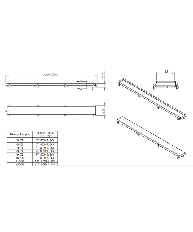 Wiesbaden douchegoot tegelrooster 120 cm RVS - technische tekening maatvoering | Schwertz & Co