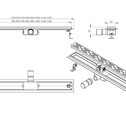 Wiesbaden douchegoot tegelrooster 120 cm RVS - technische tekening | Schwertz & Co