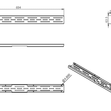 Wiesbaden standaardrooster met flens douchegoot 70 x 7 cm mat zwart - technische tekening | Schwertz & Co