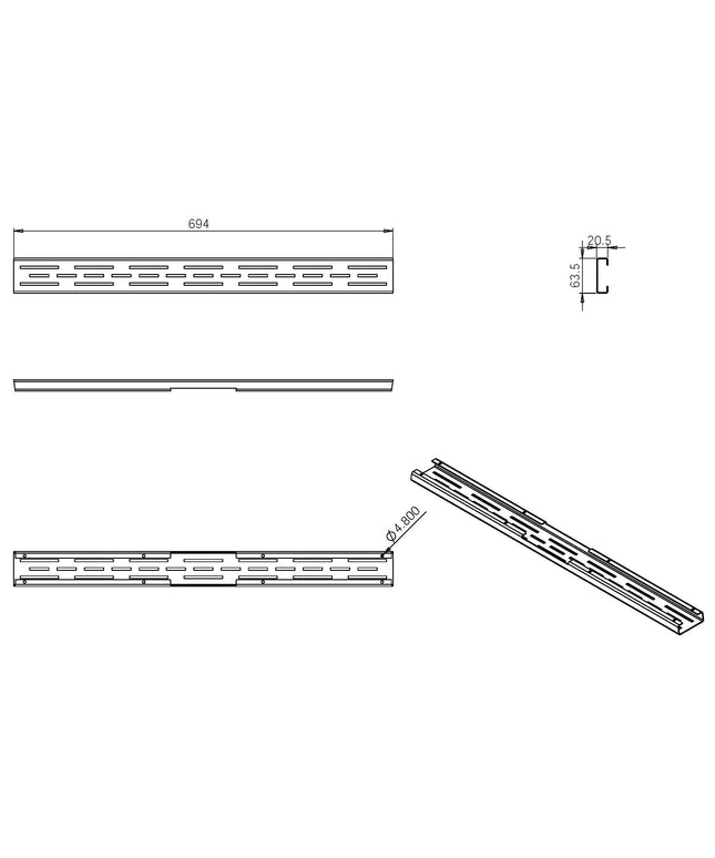 Wiesbaden standaardrooster met flens douchegoot 70 x 7 cm mat zwart - technische tekening | Schwertz & Co