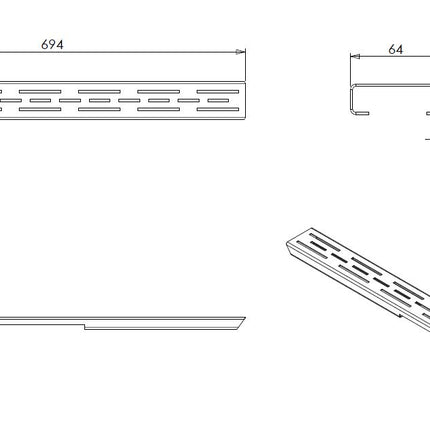 Wiesbaden standaardrooster met flens douchegoot 70 x 7 cm mat zwart - maatschets | Schwertz & Co