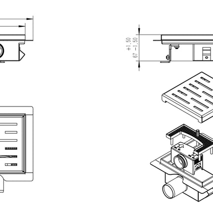Wiesbaden doucheput met flens en zijuitlaat 15 x 15 cm mat zwart - technische tekening | Schwertz & Co