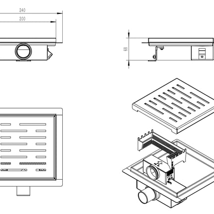 Wiesbaden doucheput met flens en zijuitlaat 20 x 20 cm mat zwart - technische tekening | Schwertz & Co