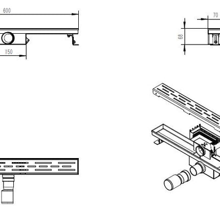 Xellanz Eco douchegoot met rooster 60 cm RVS - technische tekening | Schwertz & Co