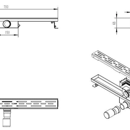 Xellanz Eco douchegoot met rooster 70 cm RVS - technische tekening | Schwertz & Co