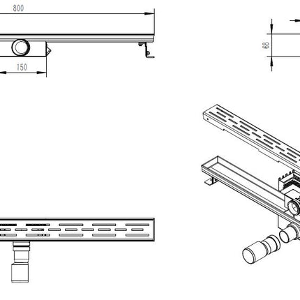 Xellanz Eco douchegoot met rooster 80 cm RVS - technische tekening | Schwertz & Co