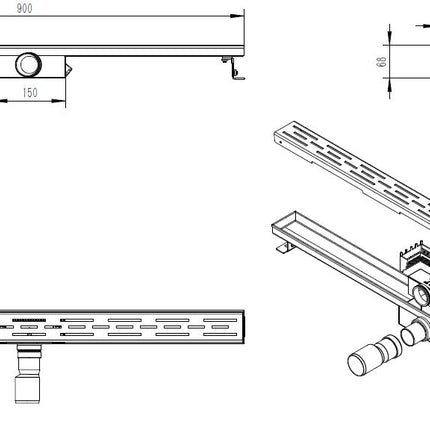 Xellanz Eco douchegoot met rooster 90 cm RVS - technische tekening | Schwertz & Co