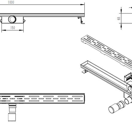Xellanz Eco douchegoot met rooster 100 cm RVS - technische tekening | Schwertz & Co
