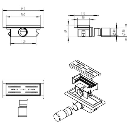 Xellanz Eco douchegoot 20 x 7 cm RVS - technische tekening | Schwertz & Co