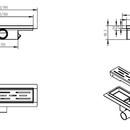 Xellanz Eco douchegoot 30 x 7 cm RVS - technische tekening | Schwertz & Co