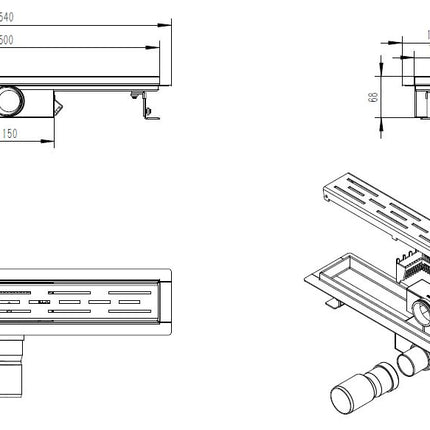 Xellanz Eco douchegoot 50 x 7 cm RVS - technische tekening | Schwertz & Co