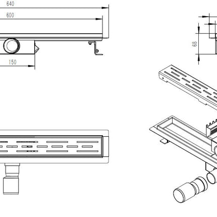 Xellanz Eco douchegoot 60 x 7 cm RVS - technische tekening | Schwertz & Co