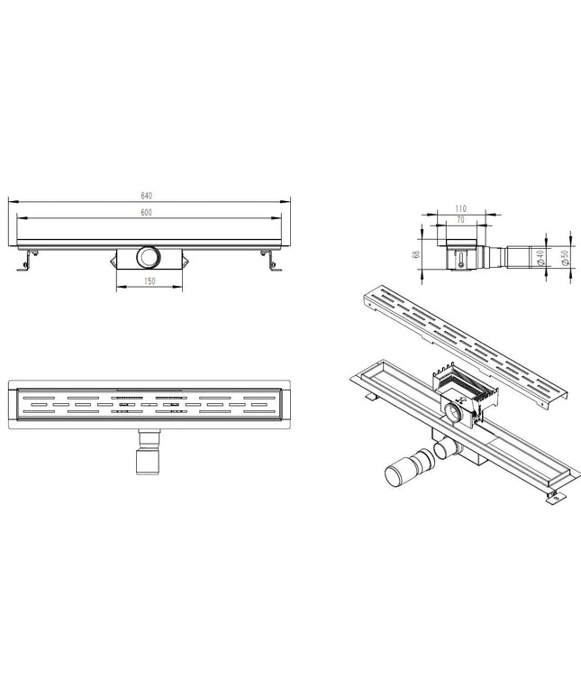 Xellanz Eco douchegoot 60 x 7 cm RVS - technische tekening | Schwertz & Co