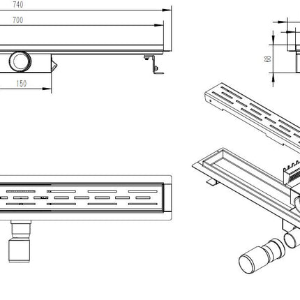 Xellanz Eco douchegoot met flens 70 cm RVS - technische tekening | Schwertz & Co