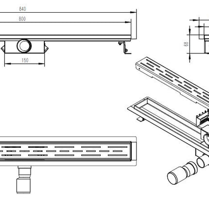 Xellanz Eco douchegoot met flens 80 cm RVS - technische tekening | Schwertz & Co