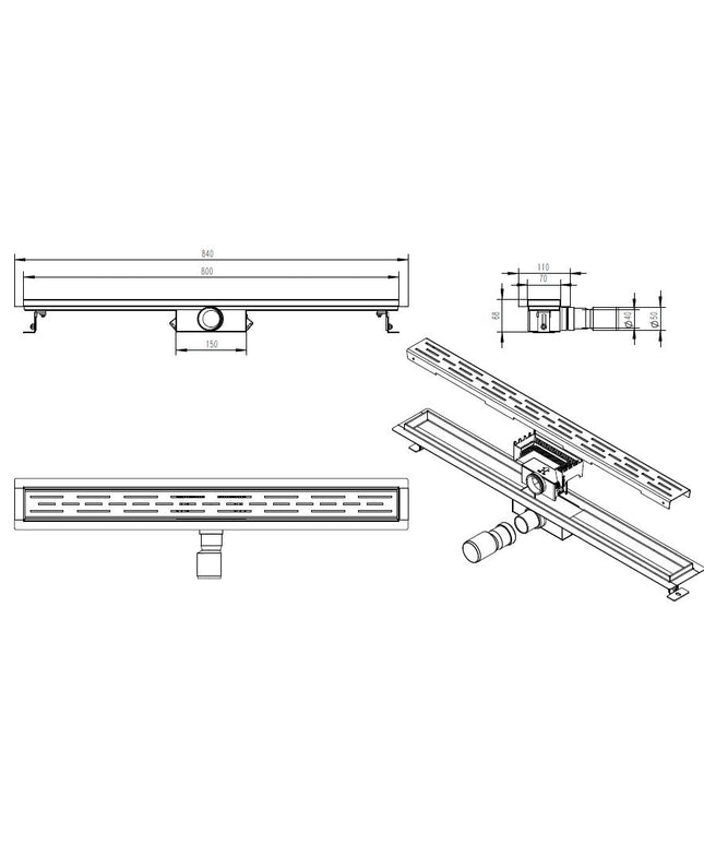 Xellanz Eco douchegoot met flens 80 cm RVS - technische tekening | Schwertz & Co