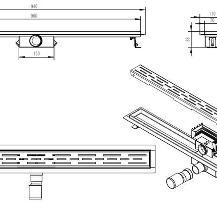 Xellanz Eco douchegoot met flens 90 cm RVS - technische tekening | Schwertz & Co