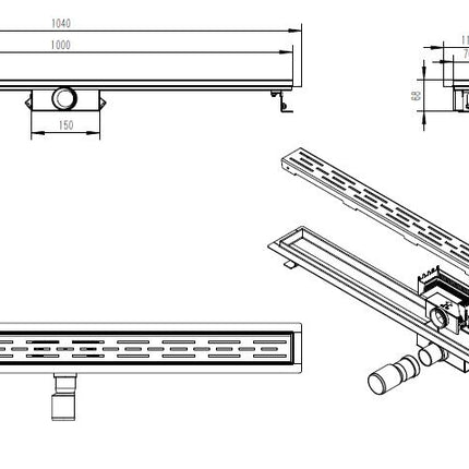 Xellanz Eco douchegoot met flens 100 cm RVS - technische tekening | Schwertz & Co