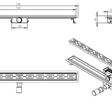 Xellanz Eco douchegoot met flens 110 cm RVS - technische tekening | Schwertz & Co