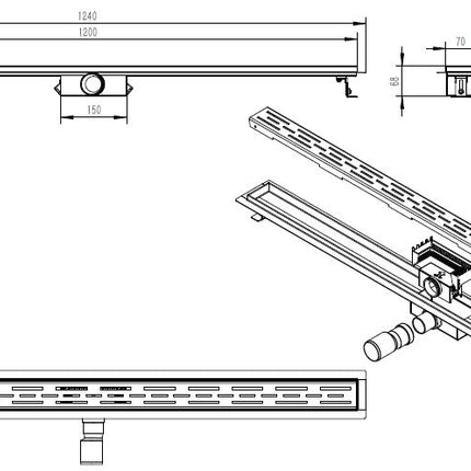 Xellanz Eco douchegoot met flens 120 cm RVS - technische tekening | Schwertz & Co