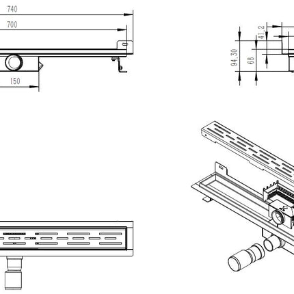 Xellanz Eco douchegoot met muurflens 70 cm RVS - technische tekening | Schwertz & Co