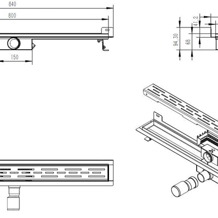 Xellanz Eco douchegoot met muurflens 80 cm RVS - technische tekening | Schwertz & Co