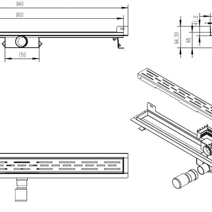 Xellanz Eco douchegoot met muurflens 90 cm RVS - technische tekening | Schwertz & Co