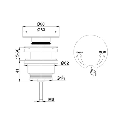 Xellanz Flowe draaiwaste afvoerplug 5/4 inch mat zwart - technische tekening | Schwertz & Co