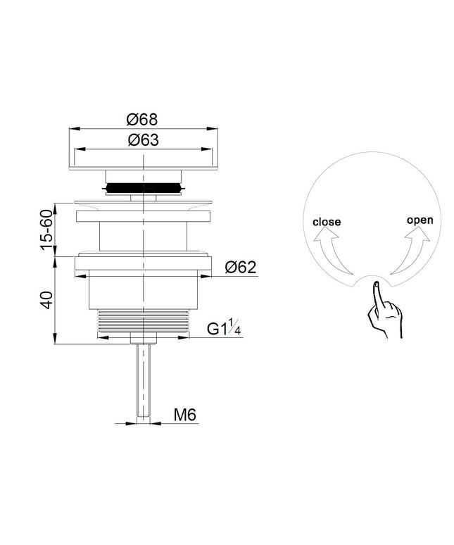 Xellanz Flowe draaiwaste afvoerplug 5/4 inch chroom - technische tekening | Schwertz & Co