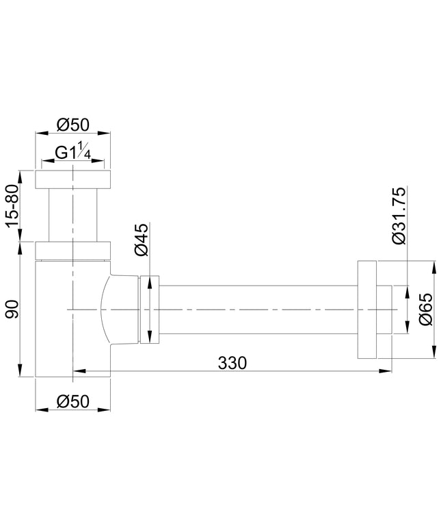 Wiesbaden UniMatch fonteinsifon 5/4 x 32 mm geborsteld brons koper - technische tekening | Schwertz & Co