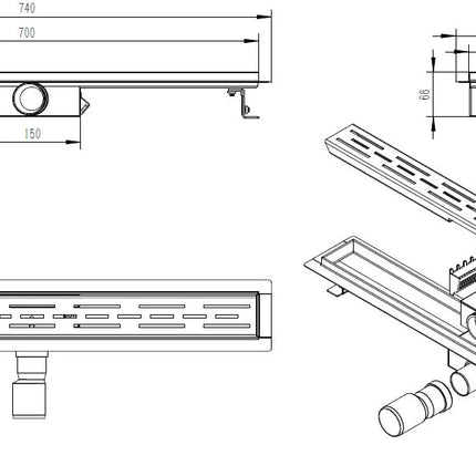 Wiesbaden douchegoot 70 x 7 cm geborsteld messing - technische tekening | Schwertz & Co