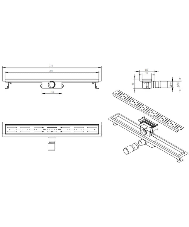 Wiesbaden douchegoot 70 x 7 cm geborsteld messing - technische tekening | Schwertz & Co