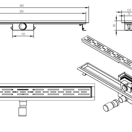 Wiesbaden douchegoot 90 x 7 cm geborsteld messing - technische tekening | Schwertz & Co