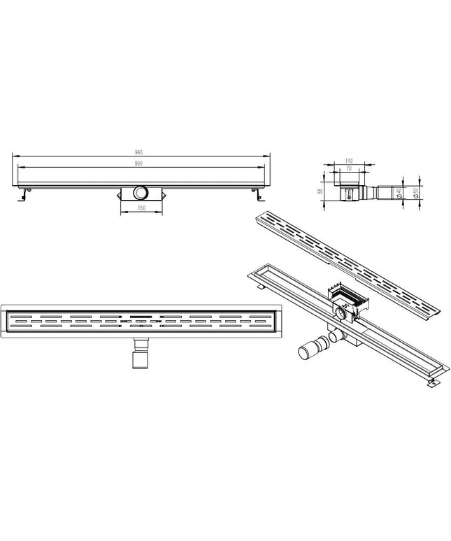 Wiesbaden douchegoot 90 x 7 cm geborsteld brons koper - technische tekening | Schwertz & Co