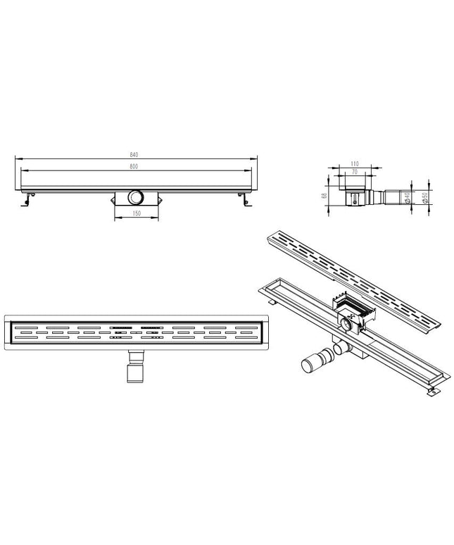 Wiesbaden douchegoot 80 x 7 cm gunmetal - technische tekening | Schwertz & Co