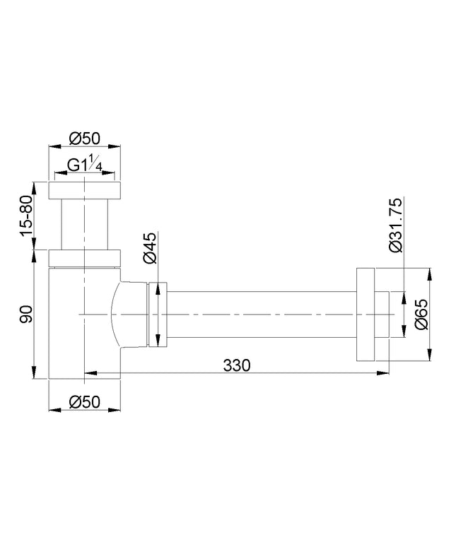 Wiesbaden UniMatch fonteinsifon 5/4 x 32 mm gunmetal - technische tekening | Schwertz & Co