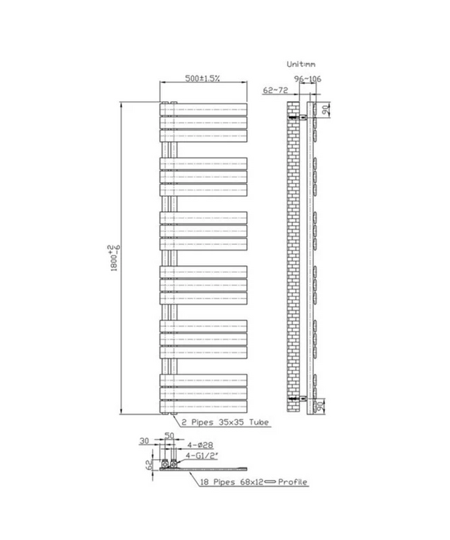 Belrad Bathroom Radiator 1800x500mm - Chrome - Middle connection - 575W