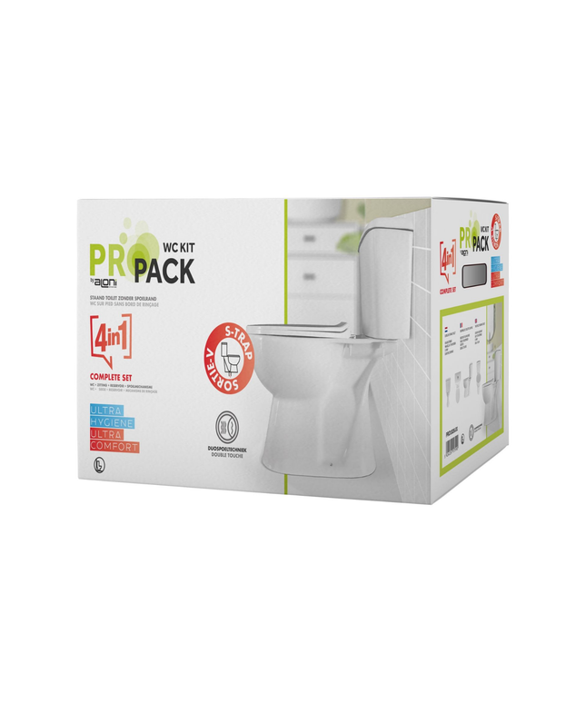 Aloni Pro duoblok / staand toilet – P-trap muuruitlaat – met reservoir – dubbele spoeling – met softclose zitting – glanzend wit