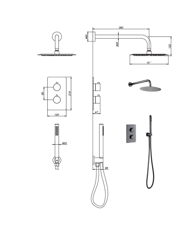 ALONI inbouw doucheset gunmetal – regendouche Ø25 cm