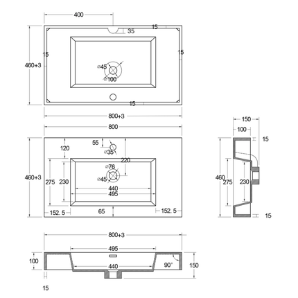 Aloni Wastafel – 80x10x46 cm – Kunstmarmer – Mat zwart